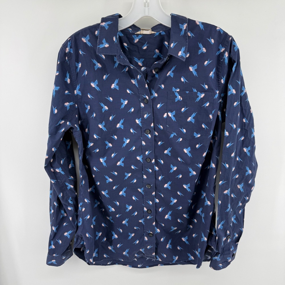 Duluth Trading Co Womens Navy Blue Bird Print Cotton Stretch Button Down Shirt M